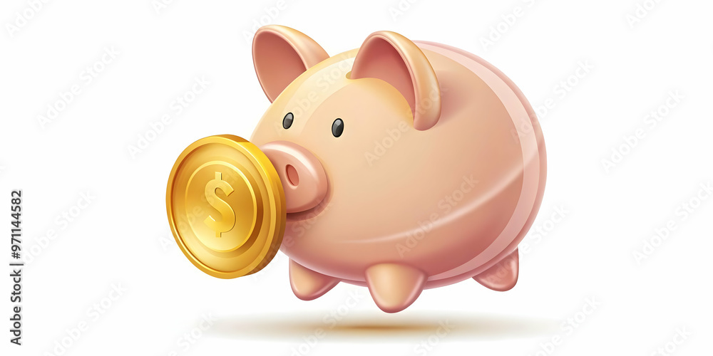 Fototapeta premium Vector Floating Piggy Bank with Coin Insertion: Playful Design Illustrating Savings and Financial Growth with a Gravity Theme on a White Background