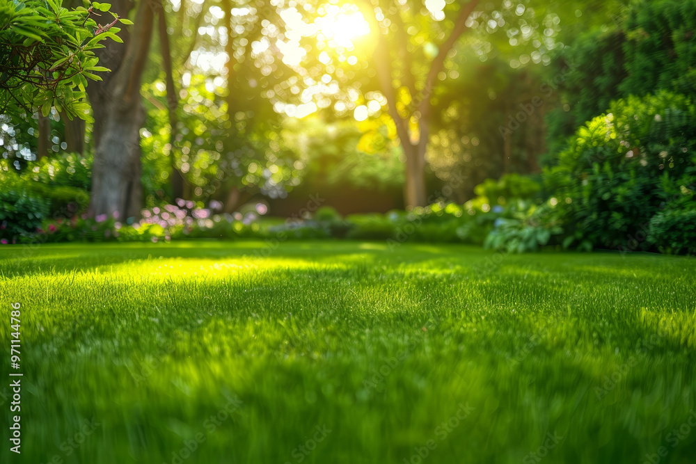 A lush green lawn with a bright sun shining on it A lush green lawn with a bright sun shining on it