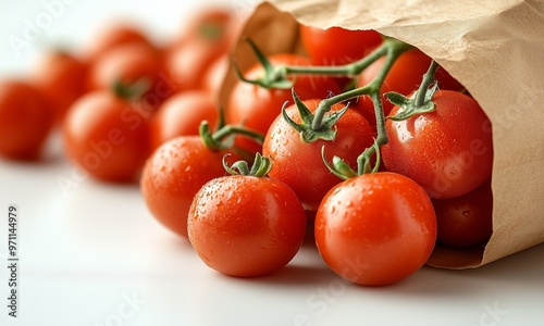 Cherry Tomatoes Pouring from a Small Brown Paper Bag onto a White Surface with Scattered Tomatoes

