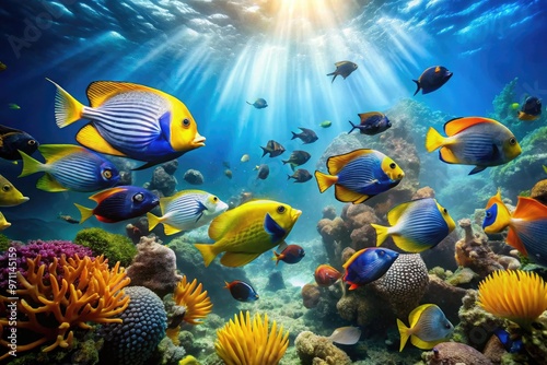 Vibrant angelfish and butterflyfish swim amidst coral reefs, seaweed, and schools of small fish, illuminated by sunlight filtering down through the turquoise ocean water. photo