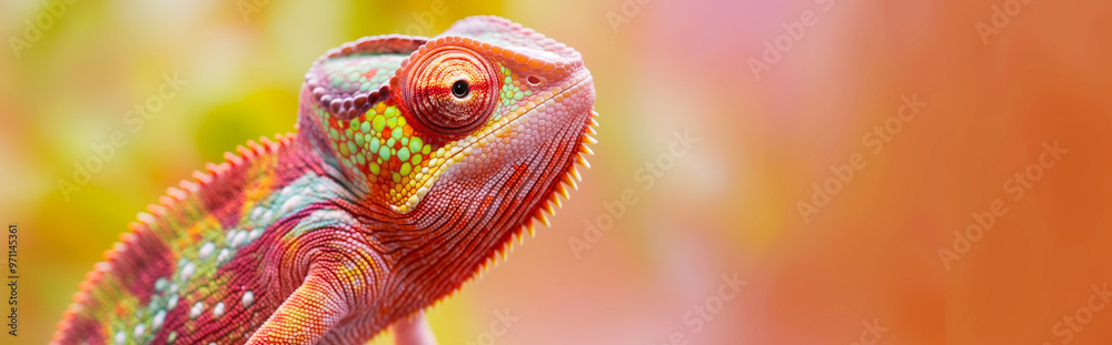 Obraz premium Colorful chameleon with vibrant patterns against a warm background