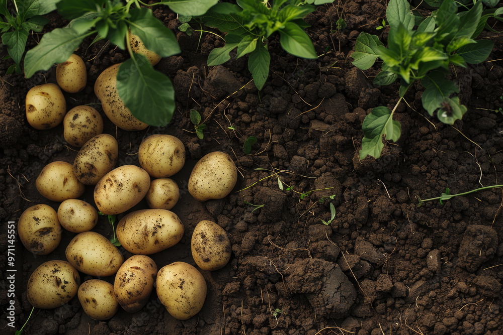 A bunch of potatoes are sitting in the dirt A bunch of potatoes are sitting in the dirt