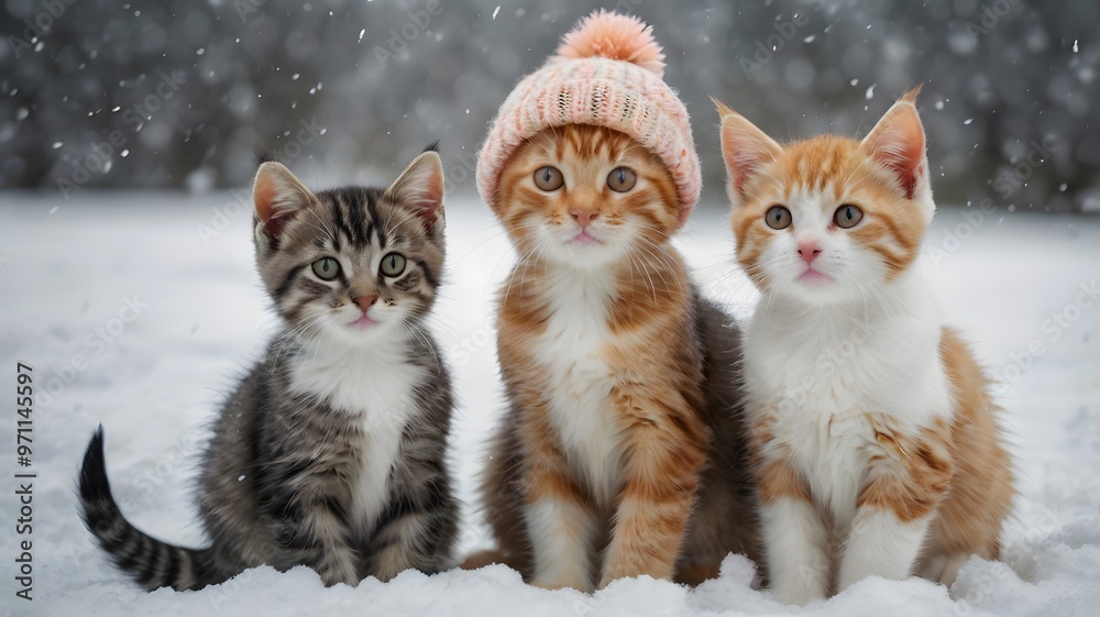 Adorable Kittens in Snow Wearing a Cozy Winter Hat sitting on the snow. Generated by AI Adorable Kittens in Snow Wearing a Cozy Winter Hat sitting on the snow. Generated by AI