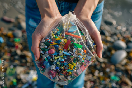 A person is holding a bag of trash on a beach