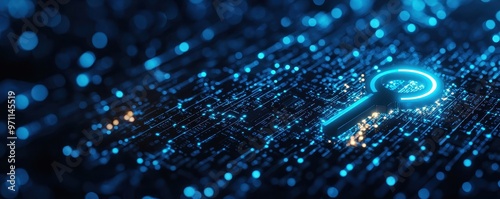 Futuristic digital background featuring a glowing key symbol amidst a network of shimmering particles and data connections.
