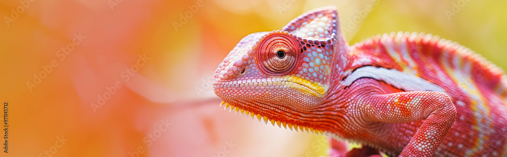 Fototapeta premium Colorful chameleon with vibrant patterns against a warm background