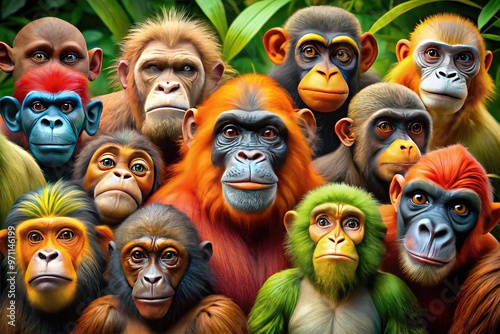 Vibrant assortment of various monkey species, including gorillas, orangutans, capuchin, and mandrills, showcasing their unique features and playful personalities in their natural habitats. photo