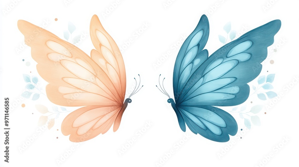 Obraz premium Colorful butterflies in pastel shades of orange and blue, beautifully symmetrical, perfect for nature or art-themed projects.