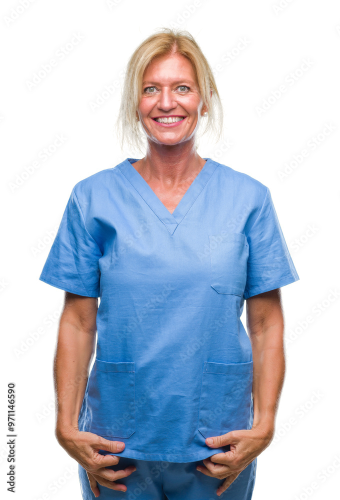 Middle age blonde woman wearing doctor nurse uniform over isolated background with a happy and cool smile on face. Lucky person.