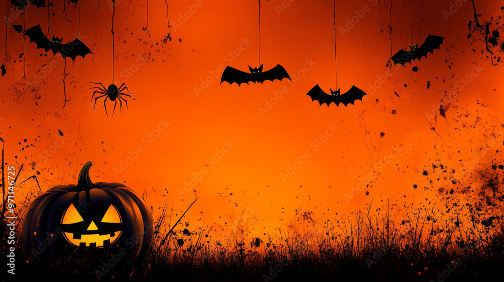 Halloween Grunge Background with Jack-o-lantern, Bats, and Spider Halloween Grunge Background with Jack-o-lantern, Bats, and Spider
