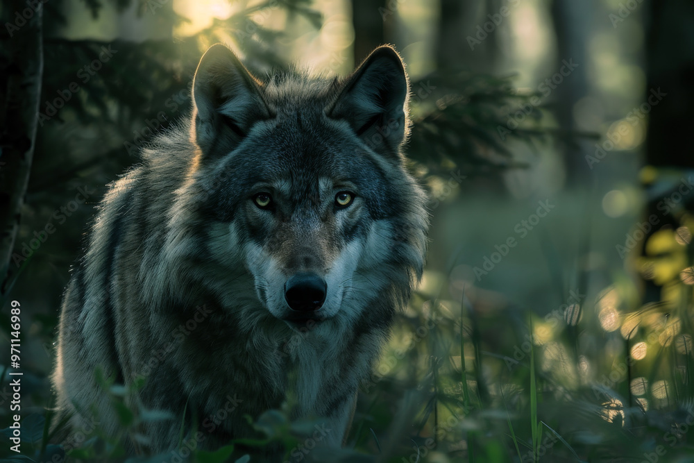 A wolf is standing in the woods, looking directly at the camera