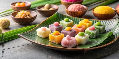 Traditional Southeast Asian sweets, Kanom Khai Yaang on a minimalist background, carefully arranged composition photo