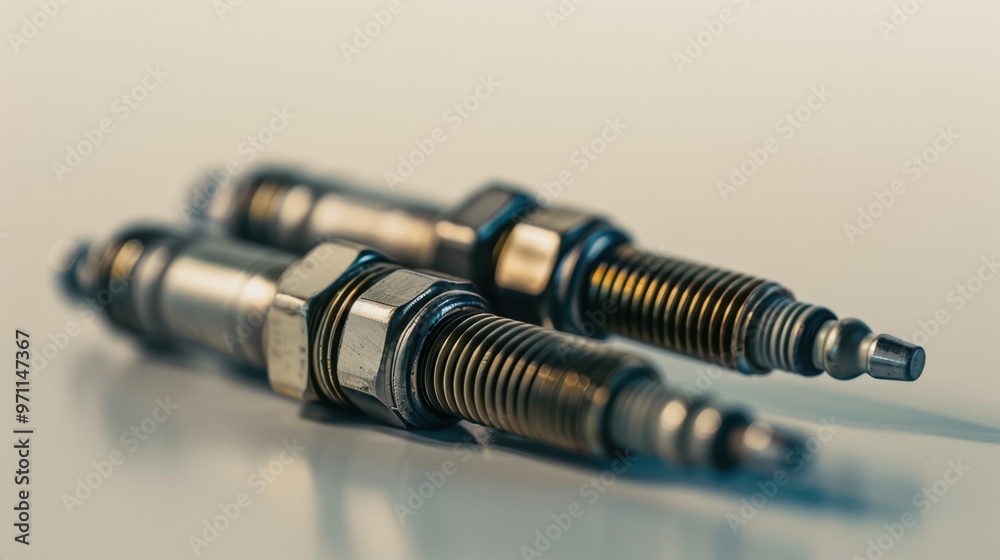 Two spark plugs lying on reflective surface Two spark plugs lying on reflective surface
