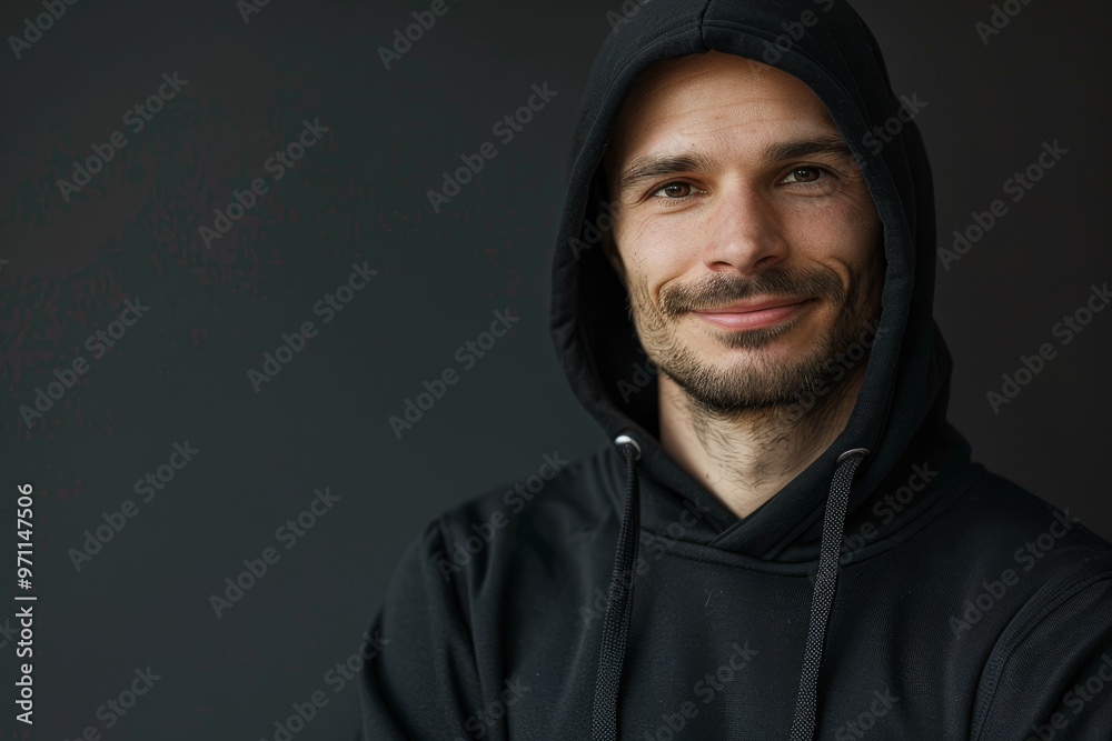 A man wearing a black hoodie is smiling A man wearing a black hoodie is smiling