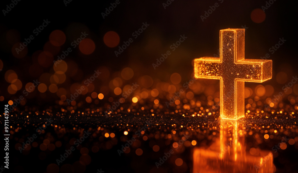 Orange holographic glowing Christian cross with copy space. Orange holographic glowing Christian cross with copy space.