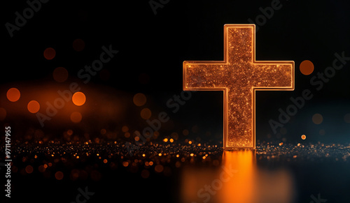 Orange holographic glowing Christian cross with copy space.