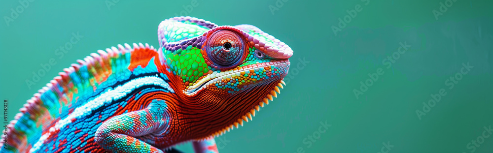 Obraz premium Minimal banner with vibrant close-up of a colorful chameleon with detailed textured skin