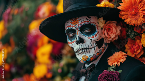 El Día de Muertos themed photo of man in costume with red and orange flowers and skeleton mask on carnival, Day of the Dead male photography