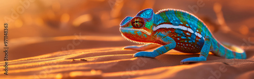 Colorful chameleon walking on warm desert sand during sunset photo