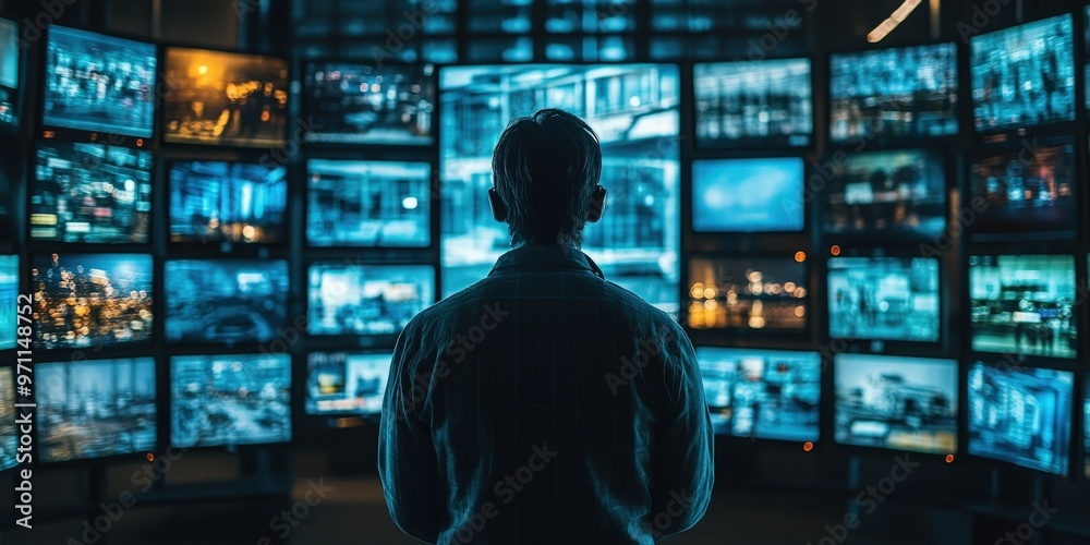A person monitors multiple screens displaying various data and visuals in a control room during nighttime operations. Generative AI A person monitors multiple screens displaying various data and visuals in a control room during nighttime operations. Generative AI
