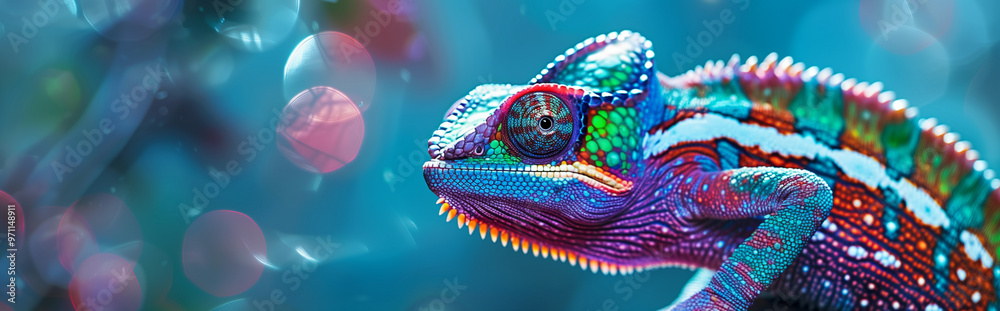 Colorful rainbow chameleon with vibrant bokeh lights on a blue background. Banner or header Colorful rainbow chameleon with vibrant bokeh lights on a blue background. Banner or header