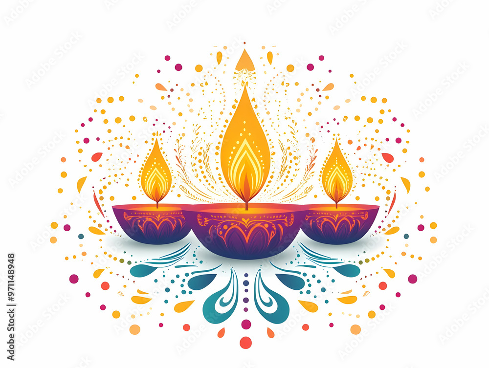 Flat Vector Illustration of Captivating Diwali Diya with Swirling Rangoli Design Isolated on White Background - Celebrating Artistic Spirit of Festivity