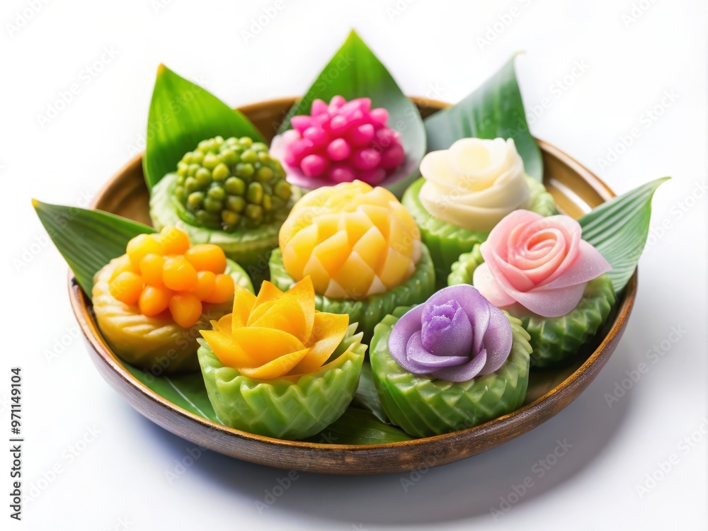 Delicate and intricate Thai dessert, artistically arranged on a white background to highlight its beauty Delicate and intricate Thai dessert, artistically arranged on a white background to highlight its beauty