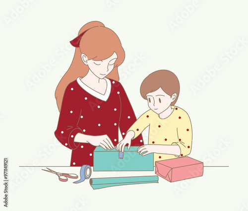 Happy little kid helping mother, wrapping gifts, packing holiday presents with sticker tape, wrapping paper. Preparing for Christmas eve, new year Hand drawn flat cartoon character vector illustration