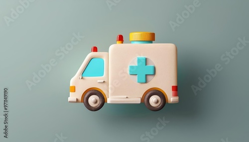 Colorful toy ambulance with playful design, perfect for children's medical themes, toys, or nursery decor. photo