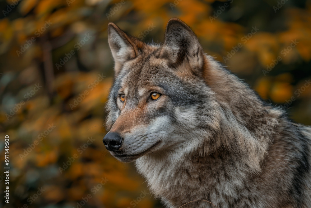 Fototapeta premium A wolf with a yellow eye stares at the camera