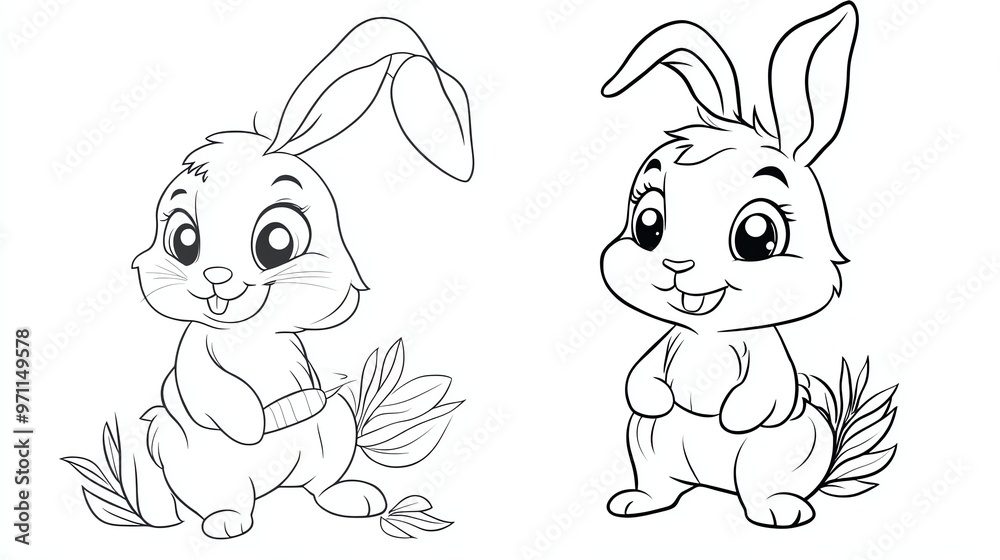Obraz premium A black and white cartoon illustration of two bunnies.