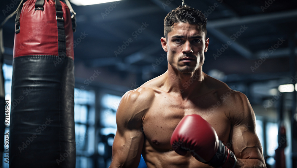 Muscular Male Boxer Training in Gym Muscular Male Boxer Training in Gym