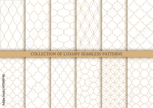 Set of 12 ornamental seamless patterns with gold grid line in oriental style include Moroccan ,quatrefoils , fan, teardrop, scale pattern , vector illustration.