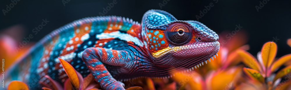 Vibrant blue and red chameleon resting among colorful leaves in soft light Vibrant blue and red chameleon resting among colorful leaves in soft light