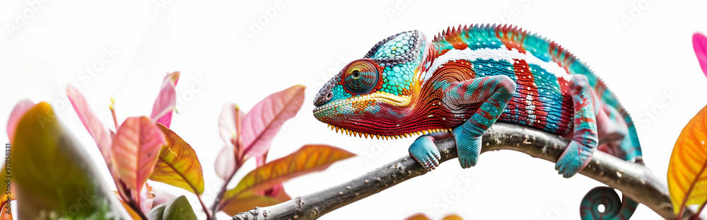 Vibrant chameleon on a branch with colorful leaves against a white background. Minimal banner Vibrant chameleon on a branch with colorful leaves against a white background. Minimal banner