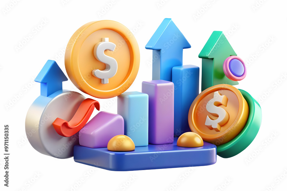 3D Abstract Glowing Financial Symbols Concept: Digital Art Featuring Dollar Signs, Coins, and Arrows in Vibrant Colors on White Background 3D Abstract Glowing Financial Symbols Concept: Digital Art Featuring Dollar Signs, Coins, and Arrows in Vibrant Colors on White Background