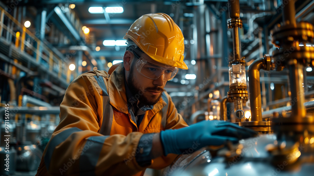 Engineer in safety gear working on machinery in an industrial plant Engineer in safety gear working on machinery in an industrial plant