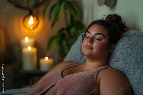 Plus-size individual relaxing with a spa day at home, self-care and indulgence. A woman lies in a chair with her eyes closed and candles nearby