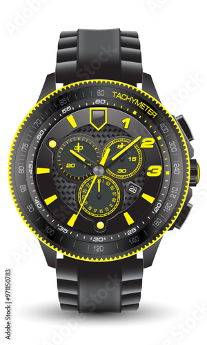 Realistic watch chronograph steel black rubber clockwise yellow arrow number fashion for men design luxury isolated vector illustration. 
