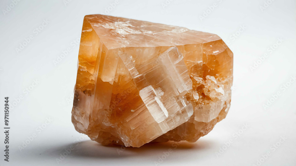 Raw calcite crystal with plain white background Raw calcite crystal with plain white background