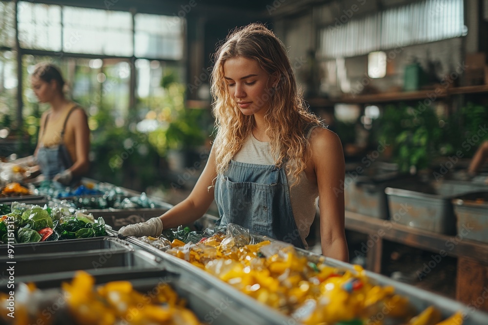 A group of people sorting recyclables into bins in a bright, eco-friendly environment. Generative AI A group of people sorting recyclables into bins in a bright, eco-friendly environment. Generative AI