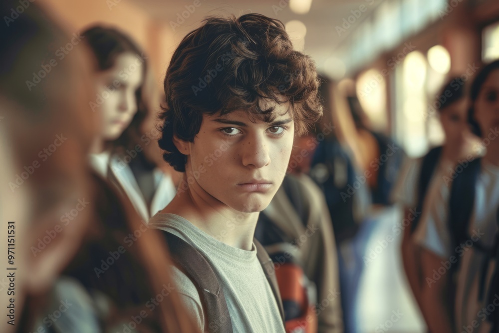 A boy with a backpack stands in a line of other students A boy with a backpack stands in a line of other students