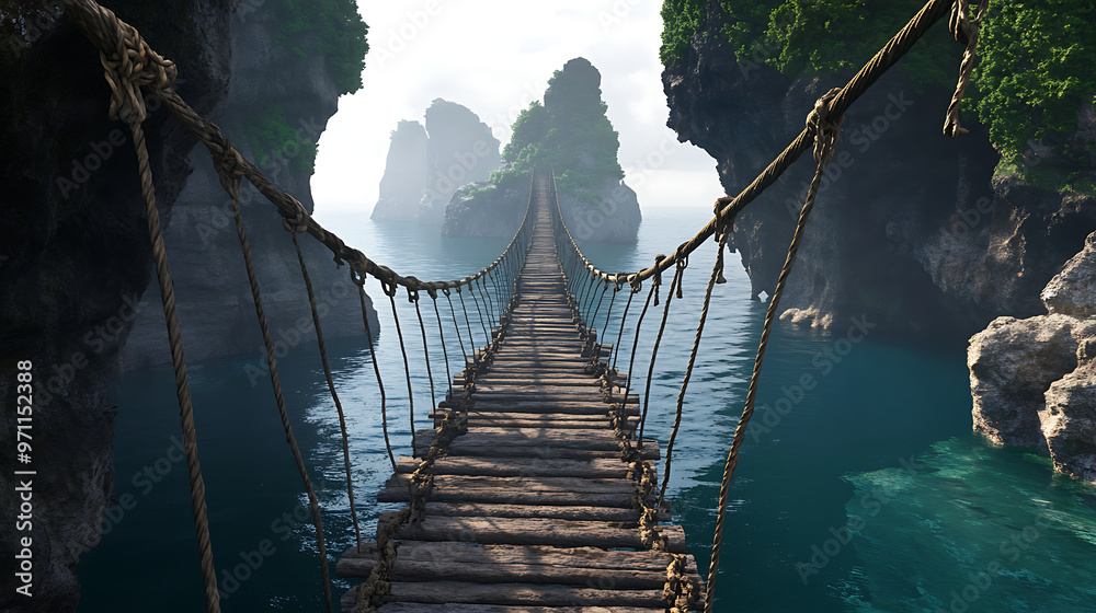Multiple rickety rope bridges between a large long gorge on an island ...