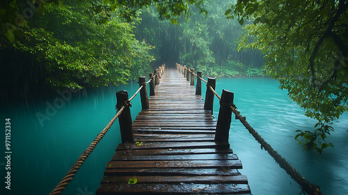 A wooden bridge over the turquoise waters of River. Generative AI illustration  photo