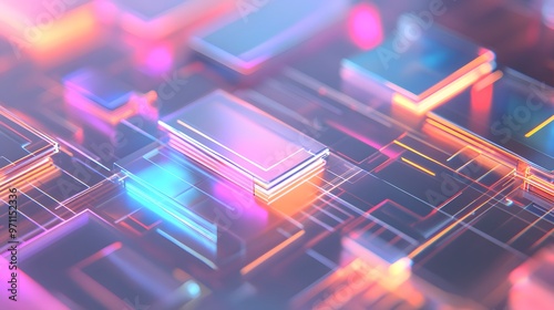 Floating holographic tech elements on a muted background with clean lines