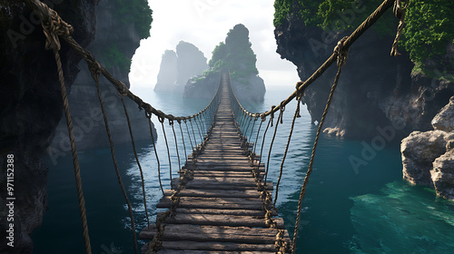 Multiple rickety rope bridges between a large long gorge on an island. Generative AI illustration 