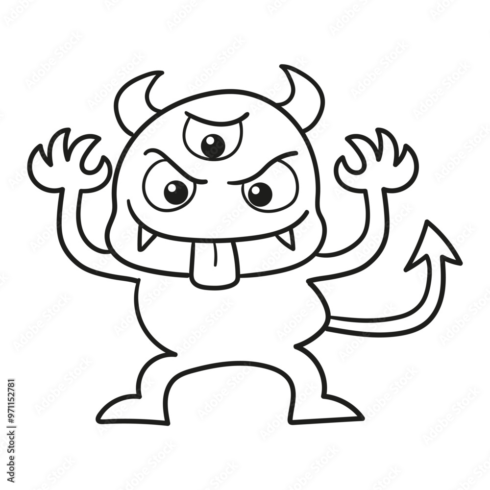 Black and white illustration of a three-eyed demon making fun of himself sticking out his tongue, clipart, Coloring Page Black and white illustration of a three-eyed demon making fun of himself sticking out his tongue, clipart, Coloring Page