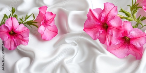 Delicate pink flowers on a smooth white fabric background.