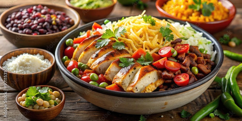 Vibrant close-up of a steaming hot burrito bowl filled with flavorful grilled chicken, savory rice, beans, and fresh vegetables, garnished with a sprinkle of cheese. Vibrant close-up of a steaming hot burrito bowl filled with flavorful grilled chicken, savory rice, beans, and fresh vegetables, garnished with a sprinkle of cheese.
