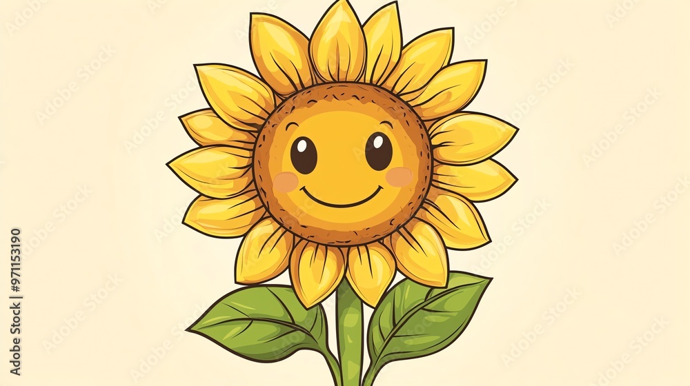 A cartoon sunflower with a smiling face and two leaves on a yellow background. A cartoon sunflower with a smiling face and two leaves on a yellow background.